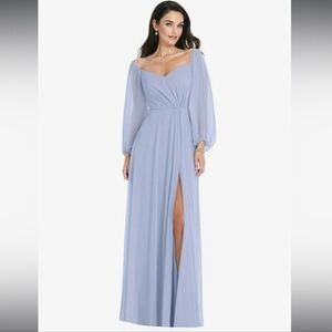 NWT Dessy Collection Convertible Neck Long Sleeve Chiffon Gown In Sky Blue